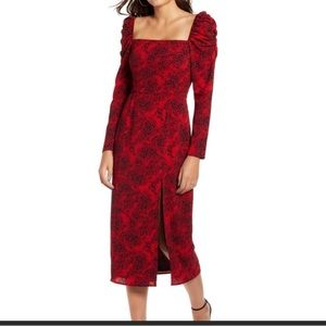 LEITH SPATTER PRINT SQUARE NECK LONG SLEEVE MIDI DRESS